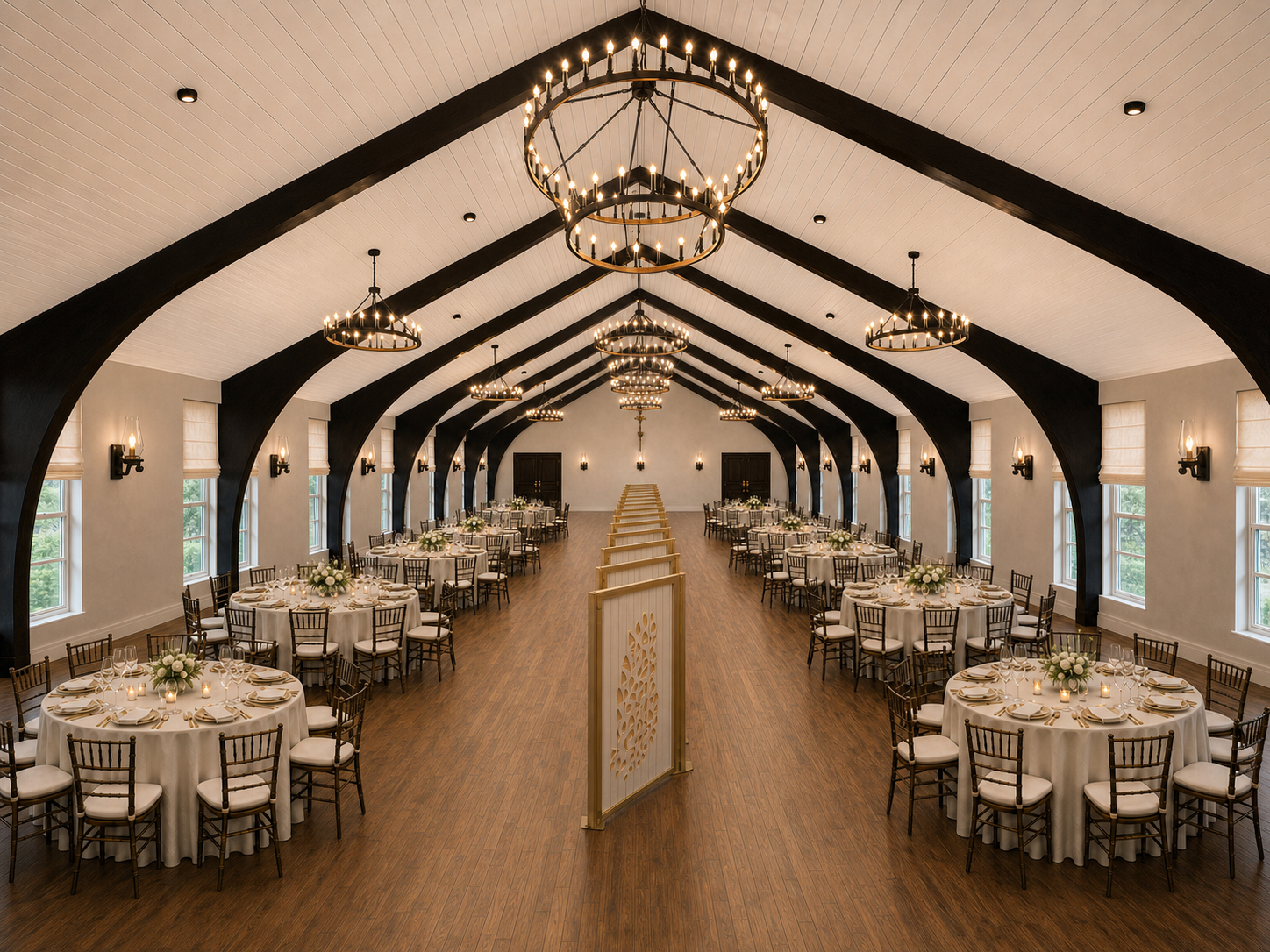 The vaulted interior of The Arch House prepared for a simcha
